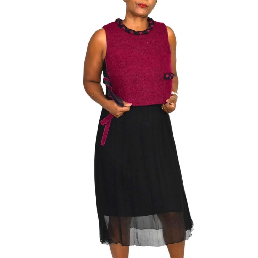 Midi Dress Red Two Tone Overlay Vest Black Mixed Texture Sheer Colorblock Small
